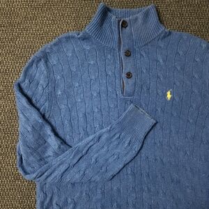 Polo Ralph Lauren 100% Tussah Silk Blue Cable Knit Sweater Men's Medium